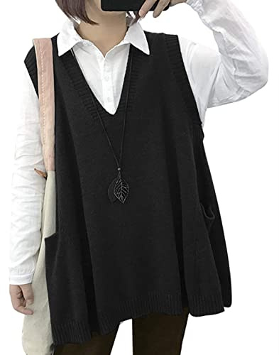 TBSCWYF Femmes Pulls Gilets Tricoté sans Manches À Col en V, Ribbed Pull-Over Tops Hauts Oversize Pull Chaud Classique Débardeurs Chandail Automne Hiver Bureau
