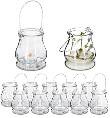 Relaxdays 48 x Windlicht, aus Glas, Henkel zum Aufhängen, innen & außen, Teelichthalter, H x D: 10 x 8,5 cm, transparent