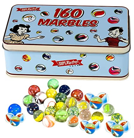 160 Marbles Set Assorted Colour Glass Marbles for Kids Age 3+, Games Marble Run Toy in Metal Storage Tin Box