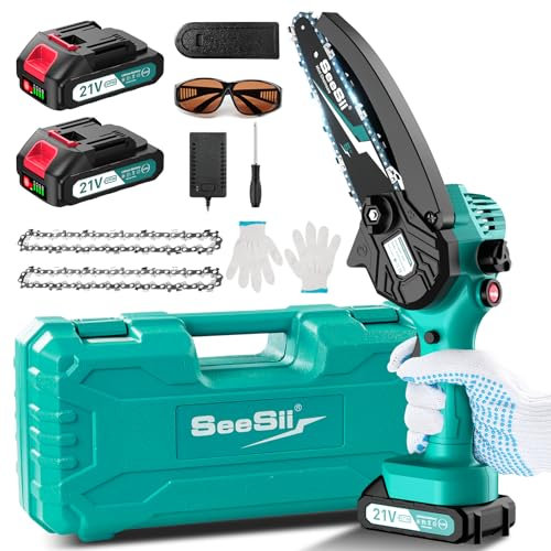 Mini Kettensäge mit Akku 4000mAh, SEESII 6 Zoll Mini Kettensäge Elektro mit Automatischer Öler und 2 Akku 2000mAh, Handkettensäge Akku für Gartenscheren Astschere Holzschneidenz