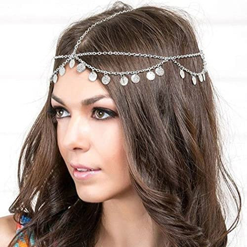 Runmi Kopfkette mit Zechinen, Quasten, Braut-Kopfschmuck, Stirnband, Festival-Haarschmuck für Damen und Mädchen (Silber)