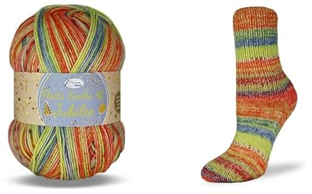 Rellana Flotte Socke Jubilee, 40Jahre Rellana,100 g/420m LL,4-fädige Sockenwolle,75% Schurwolle/25% Polyamid, (1763 gelb-orange-capri)