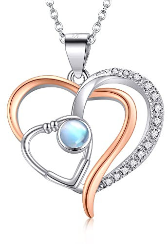VENACOLY Stethoskop Halskette Sterling Silber Herz Mondstein Anhänger Stethoskop Halskette perfekte Krankenschwester Geschenk für Frauen