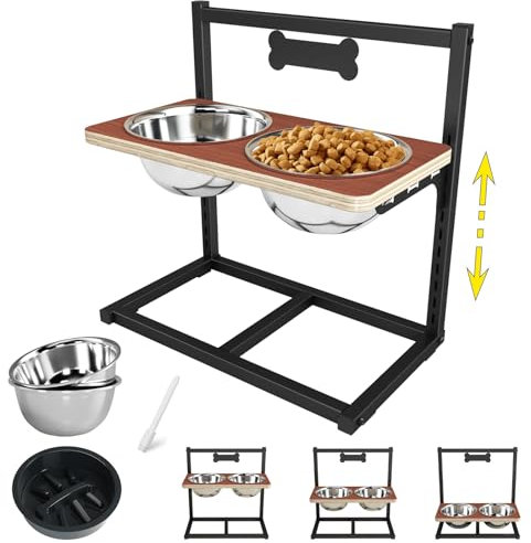 ADENGL Elevated Dog Bowls for Large Dogs with 2 Stainless Steel Dog Food Bowls and a Slow Feeder Dog Bowl, Wood Feeder with Metal Stand, Dog Food & Water Bowls for Large Medium Small Dogs