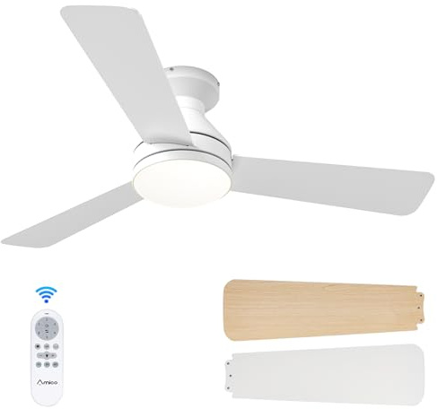 Amico Ceiling Fans with Lights, 42 inch Low Profile Ceiling Fan with Light and Remote Control, Flush Mount, Reversible, 3CCT, Dimmable, Noiseless, White Ceiling Fan for Bedroom, Indoor/Outdoor Use