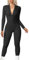 JN JANPRINT Damen Yoga Jumpsuit Eng Lang Sport Overall Langarm Playsuit V-Ausschnitt Reißverschluss Bodycon Strampler Trainingsanzug Slim Einteiler Jogginganzug Club Outfit(Schwarz,S)