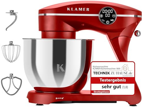 KLAMER Küchenmaschine 1800W, Knetmaschine Brotteig mit Edelstahl-Rührschüssel 6 L, 10 Stufen mit Timer, Planetenrührwerk, Rührbesen, Knethaken, Schneebesen & Sichtdeckel (rot)