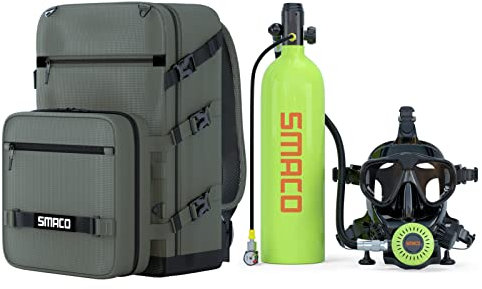 SMACO Bouteille de Plongée 2L pour Plongée en Eau Peu Profonde, Mini Cylindre de Plongée Fournir 25-30 Minutes de Soutien Respiratoire pour Loisirs sous-Marins/Pratique de la Plongée, Paquet D-Vert