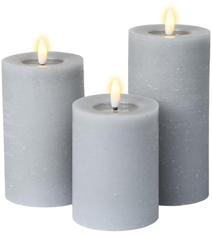 Meisterhome® 3er-Set Flammenlose LED Kerzen - Hellblau - Rustik Design Stumpenkerze - mit Fernbedienung – mit Timer - Batteriebetrieben – Warmweiß - 10/12,5/15 cm hoch - mit flackernder Flamme