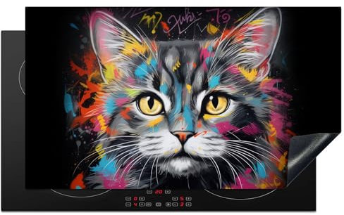 KitchenYeah© Protection Pour Plaque Induction 90x52 cm Plaque de Deco Cuisine Protégé Cache De Cuisson Vitroceramique Chat - Graffiti - Animaux - Couleurs - Gris