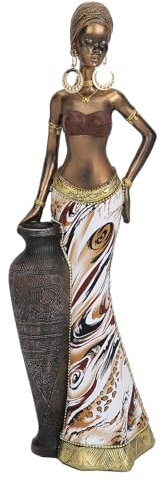 Tissting Afrikanische Deko Kunst Figur mit Hoher Vase, 32cm Harz Tribal Lady Statue Handgefertigt Afrika Weibliche Schlagzeuger Skulptur für Schreibtische Dekoration, Sammlung Geschenke(#1)