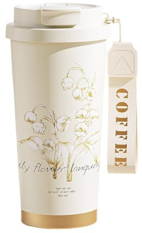 ZAKHSE Thermobecher 530ml, Kaffeebecher To Go, Vergoldete Orchidee 3-in-1-Funktion Thermotasse mit Auslaufsicher Deckel und Strohhalm, Keramische Innenwand Trinkbecher für Damen Mädchen-Weiß