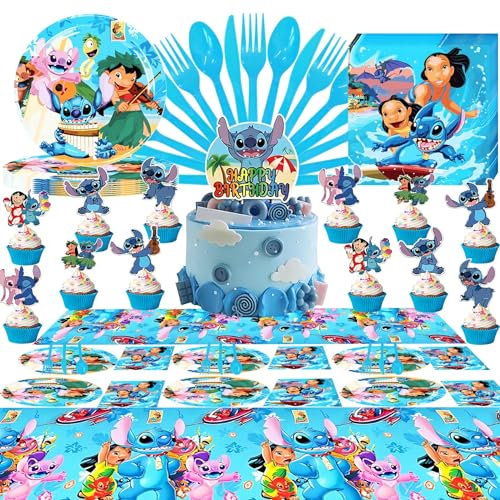 SABAN Kit de Vaisselle Anniversaire, 64 Pièces de Vaisselle de Fête à Thème, Décorations de Gâteau, Bannières, Nappe, pour fête d'anniversaire pour enfants - 10 Personnes