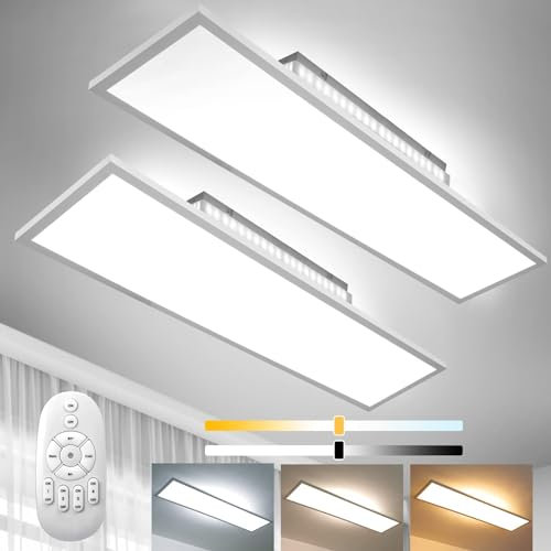 2PCS Dimmbar LED Deckenleuchte 120x30 cm, 52W Ultra Dünn Deckenlampe mit Backlight Fernbedienung, Hohe Helligkeit 2700K-6500K Warm Natur Kalt Weiß Licht Panel Lampe
