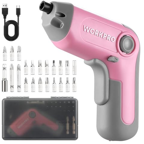 WORKPRO Perceuse Visseuse Sans Fil 6Nm 3,6V, Visseuse Devisseuse Excentrique avec 21 Embouts, Barre d'Extension, Batterie 2000 mAh, Lumière LED, Câble USB-C, Boîte de Rangement, pour Bricolage, Rose
