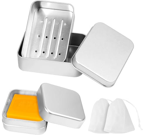 2Pcs Rustproof Aluminum Soap Box, Rectangular Metal Soap Storage Case, Portable Soap Holder with Lid Drip Tray Foaming Bag, Travel Leakproof Silver Soap Bar Tin for Bathroom Traveling Camping