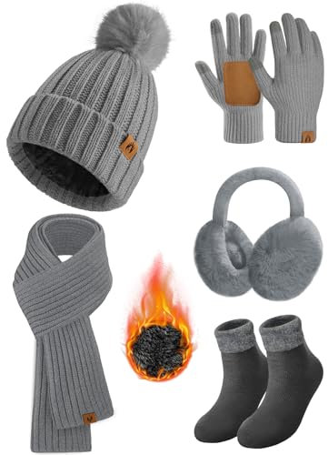 Voqeen Mütze Schal & Handschuh-sets für Damen Wintermütze Schal Handschuhe Set Damen Beanie Mütze Langer Schal Touchscreen Handschuhe Socken Ohrenschützer 5 in 1 Set mit Fleece gefüttert Für Frauen