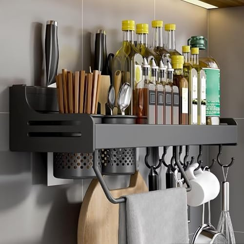 ZOKT Spice Rack Organiser, Spice Racks Wall Mounted, With Adhesive Stickers Kitchen Spice Organiser, Wall Mounted Spice Rack is Suitable for Ceramic tile Wall, Glass, Black 50cm.