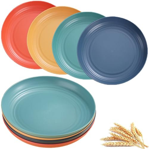 MaoMaoCha Plastic Plates Reusable Set of 4, 8 Inches Unbreakable Dinner Plates, Lightweight Camping Plate for Picnic, Salad, Pasta, Party, Home, Office, Dishwasher & Microwave Safe