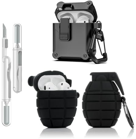 LEWOTE 3 in 1 Kompatibel mit Apple Airpods (2nd/1st Generation) Schützende Lustige Nette Fall Abdeckung mit Reiniger Kit Schlüsselanhänger (Grenade Black)