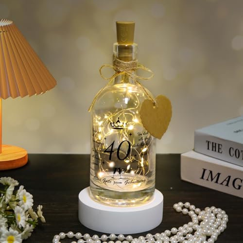 O-Kinee Cadeau 40ème anniversaire, bouteille LED en verre avec bouchon, cadeau d'anniversaire homme femme, cadeau de Noël bouteille lumineuse en verre avec souhaits