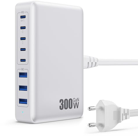 300W Caricatore USB C Multiplo, GaN Ⅳ 8 Port 100W PD Caricabatterie USB C PPS QC Alimentatore USB Multipla Stazione di Ricarica Presa USB per MacBook Air/Pro iPhone iPad Samsung SteamDeck-Bianco