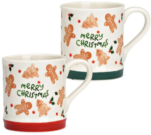 Weihnachtstassen Set aus Porzellan MERRY CHRISTMAS Spruch - 350 ml Kaffeetassen mit Lebkuchen Motiven in Rot und Grün Ø 8 x 13 cm - Tassen ideal für Kaffee, Tee oder Glühwein Spülmaschinengeeignet