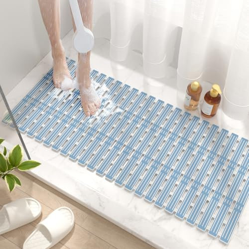HITSLAM Shower Mat Non Slip Anti Mould, 90x40CM Bath Mat Non Slip for Tub, Quick Drain TPE Bathtub Mat with Suction Cups, Bathroom Accessories, Cut to Size, Blue