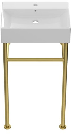 Dcolora DC-FS3432 Konsolenspüle, freistehende Konsole, Badezimmer-Waschbecken, Wandhalterung, glänzendes weißes Keramikbecken mit goldfarbenen Stützbeinen, 50,8 x 30,5 cm