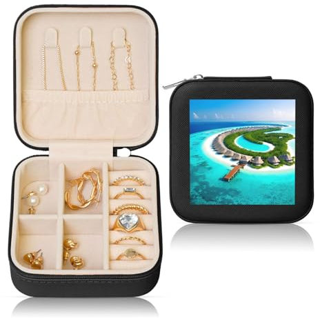 PHAYAH Reise-Schmuckkästchen, Malediven, tragbar, Mini-Schmuck-Organizer, Vitrine mit Ringen, Ohrringen, Halsketten, Armbändern, Schwarz