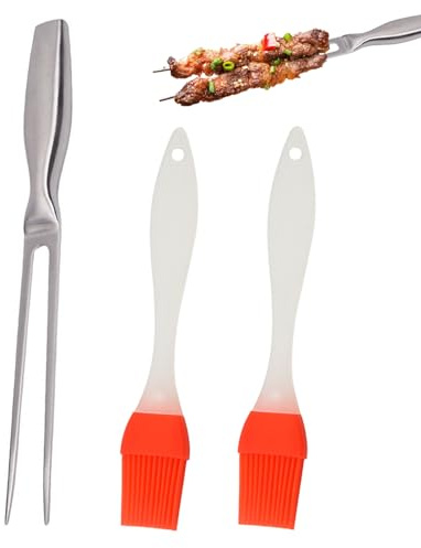 1 Piece of Barbecue Fork and 2 Pieces of Oil Brush, Stainless Steel Barbecue Fork, Cooking Tool, Food Fork, Durable Barbecue Fork