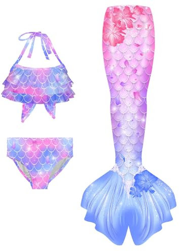 EYNMVR Fish Bikini zum Cosplay für Mädchen Schwanz kostüme für Kinder,ohne Einlagen Hart Monoflosse 3 Stück Blau 8-9 Jahre