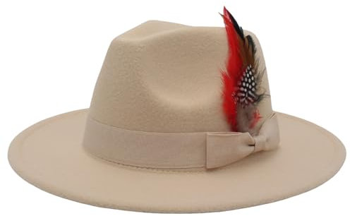 CocMouse Fedora-Hüte für Herren und Damen, klassische Jazzhüte mit breiter Krempe, Vintage-Filzhüte mit Schleife, Federn, Band für Freizeit, Party, Hochzeit, beige, Einheitsgröße