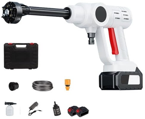 Limpiadora de Alta presión sin Cable 2X 48V Limpiadora de Alta presión portátil sin Cable con Boquilla Multi pulverización 6 en 1 y Manguera de 8.2 m, para Coches, Ventanas, Jardines (Blanco)
