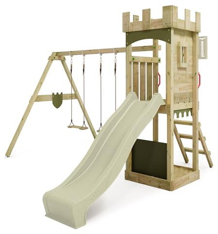 FATMOOSE Spielturm Ritterburg TreasureTower Top XXL mit Schaukel & Rutsche, Outdoor Kinder Kletterturm mit Sandkasten Leiter & Spiel-Zubehör für den Garten (salbeigrün)