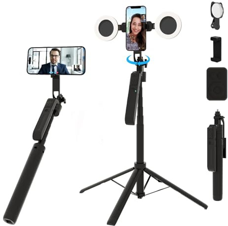 DreamPigeon 71 Auto Face Tracking Tripod with Lights, No App Required, 360° Rotation Phone Stand with Rechargeable Remote Control, Motion Sensor Selfie Stick