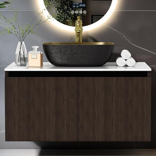 LUVODI Armario de Baño Suspendido con Lavabo de cerámica, Mueble de baño con Grifo de Bronce, Tapa de PVC y Cuerpo de Armario Color Nogal, Juego de Muebles para baño, 80x50cm