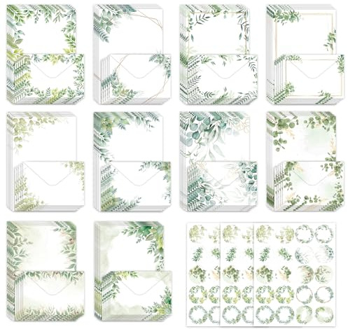 Huipalon Briefpapier und Briefumschläge 50 Sets Eukalyptus Blatt Briefpapier mit Umschlag und Versiegelung Aufkleber Briefschreiben Set für Hochzeit Geburtstag Abschluss - 10 Designs