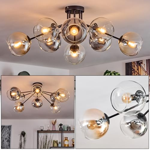 HOFSTEIN Deckenleuchte Koyoto, 8-flammige Deckenlampe aus Metall/Glas in Schwarz/Chrom/Rauch/Bernstein/Klar, Leuchte im Retro/Vintage-Design (Schirme Ø 15 cm), E14, Esszimmer, Wohnzimmer, Schlafzimmer