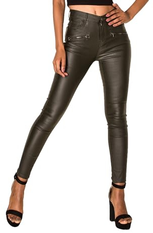 Lusty Chic Legging en Similicuir Taille mi-Haute pour Femme - Coupe Slim avec Effet Push-up sur Les Fesses, Design zippé (S, Kaki)