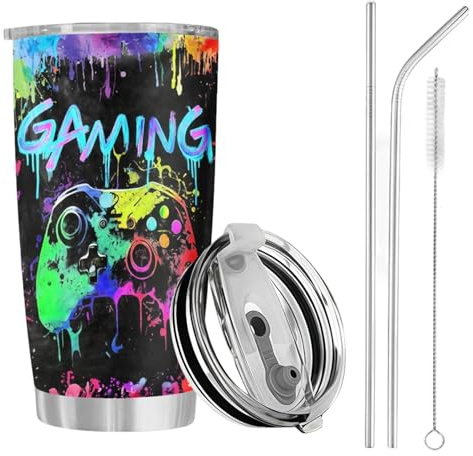 VOYANTE 590ml Gaming Becher Edelstahl, Kaffeebecher Edelstahlbecher für Kaltes Getränk, Trinkbecher mit Deckel und Strohhalm, Thermobecher Kaffee To Go Isolierbecher, Gamer Geschenke für Jungs, Mann