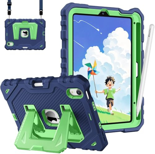 FINTIE Kid-Friendly Case for iPad mini 7th Generation A17 Pro/mini 6 8.3 | Fully-Body Rugged Heavy Duty Shockproof Cover, Built-in Kickstand, Landscape & Portrait Viewing, Pencil Holder, Navy/Green