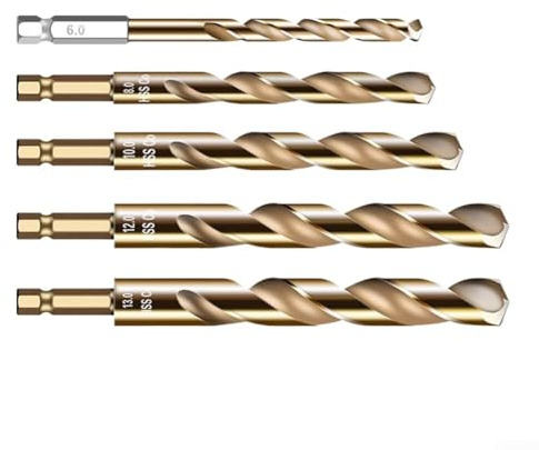 5 x HSS-beschichtetes Bohrer-Set mit 1/4-Zoll-Sechskantschaft für Edelstahl- und Metallbohrungen, 6 mm bis 13 mm, geeignet für Akkuschrauber und Bohrmaschinen