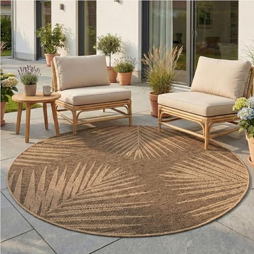 Teppium Outdoor Teppich Rund 160 cm Beige, Wetterfest Pflegeleicht, Natürlicher Jute Look Teppich für Terrasse Garten Wohnzimmer Esszimmer