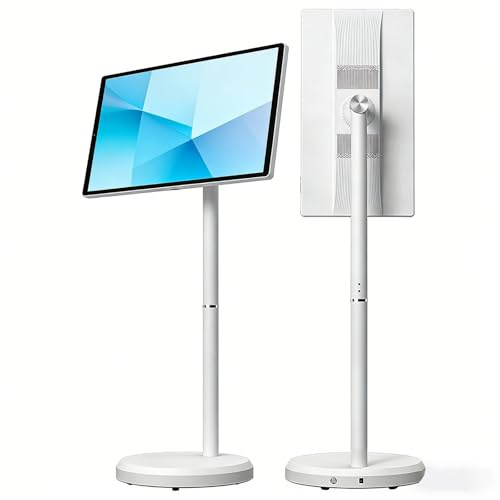 21.5/27 Portable Smart TV with Android 15, 1080P Touch Screen Monitor on Wheels, Wireless Movable Display, 6GB+128GB, 13MP Camera, Speaker, 8 Hour Battery, HDMI Type C USB for Smart Home(White,32)