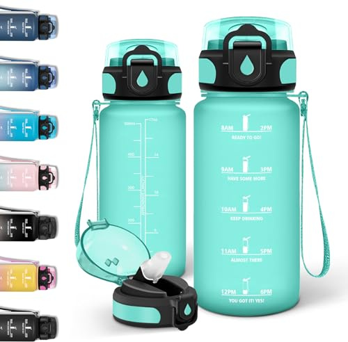Motswedi Trinkflasche 0.5l, Trinkflasche Kohlensäure Geeignet, mit Strohhalm, Wasserflasche Kinder, Auslaufsicheres Schlossdesign, Wasserflasche Mit Zeitstempel, Flasche für Schule, Reisen - Blau&Grün