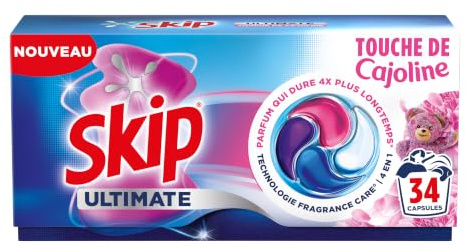Skip - Capsules Lessive, Ultimate 4en1, Touche de Cajoline, 34 Lavages | Nettoyage haute performance en cycle court, parfum longue durée rose et fleur blanche, lessive linge avec soin adoucissant