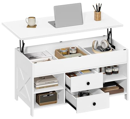 Hzuaneri Couchtisch, höhenverstellbarer, 50 x 100 x 47-61 cm, Weiß | Wohnzimmertisch, Sofatisch, 2 Schubladen und Versteckter Stauraum, für Wohnzimmer, Esszimmer, Büro, CT22113B