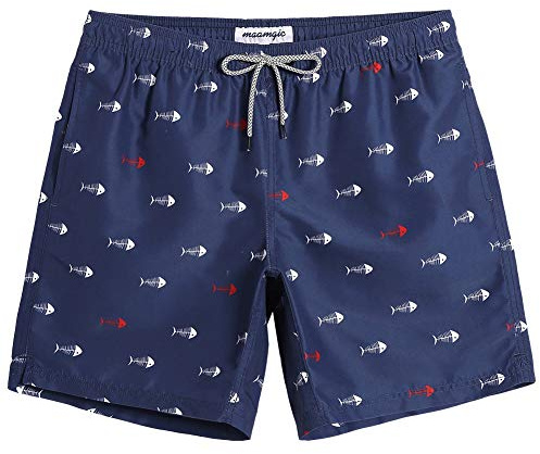 MaaMgic Short de Bains Homme Maillot de Bain Pants Court de Sport Séchage Vite Bien pour Vacance a la Plage, Navy &Blanc Possion, Small(tour de taille:76~81cm)