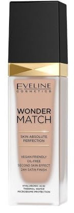 Eveline Cosmetics Wonder Match Flüssige Foundation - 24H Makelloser Teint, Vegan-freundlich, Öl-frei, Volle Deckkraft mit Hyaluronsäure & Thermalwasser für Glatte & Elastische Haut